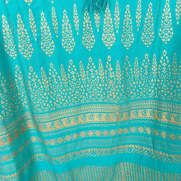 NWT Lapogee Bohemian Dress SZ Large Teal Gold Indian Off Shoulder Boho Tassel - Picture 2 of 7